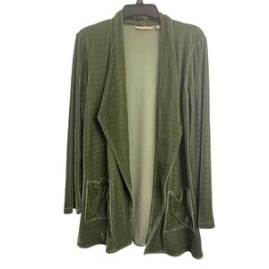 Soft Surroundings Olive Green Velvet Open Front Cardigan Jacket Pockets M